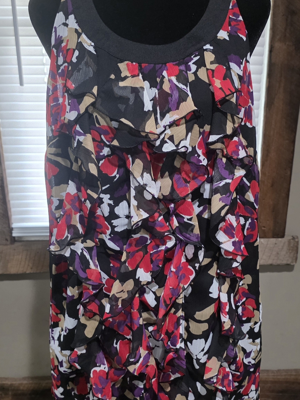 Nicole by Nicole Miller Black Floral Ruffle Tank with Red & Purple Accents